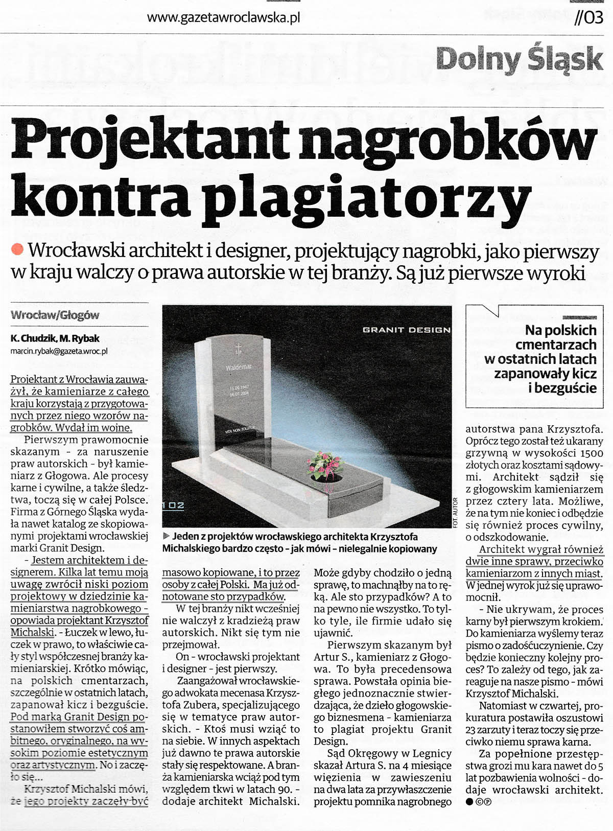 Artykuł 'Projektant nagrobków kontra plagiatorzy' - Gazeta Wrocławska